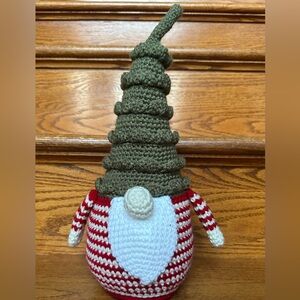 Crocheted Gnome with Green Christmas Tree Hat and Red Stripes Body